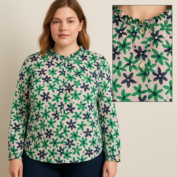 TALBOTS XL Green Blue Floral Cotton Blouse Quietlux Resort Coastal Grandma - Picture 2 of 10